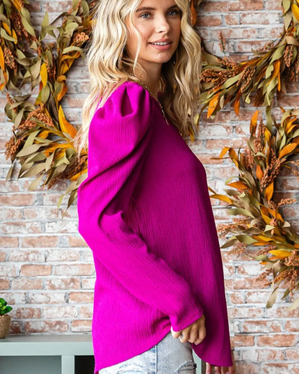 First Love Texture Puff Sleeve Round Neck Blouse