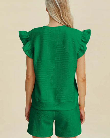 Double Take Full Size Texture Round Neck Ruffle Sleeve Top and Shorts Set