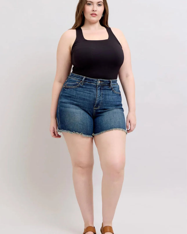 Judy Blue Tummy Control Fray Hem & Shield Back Pockets Denim Shorts