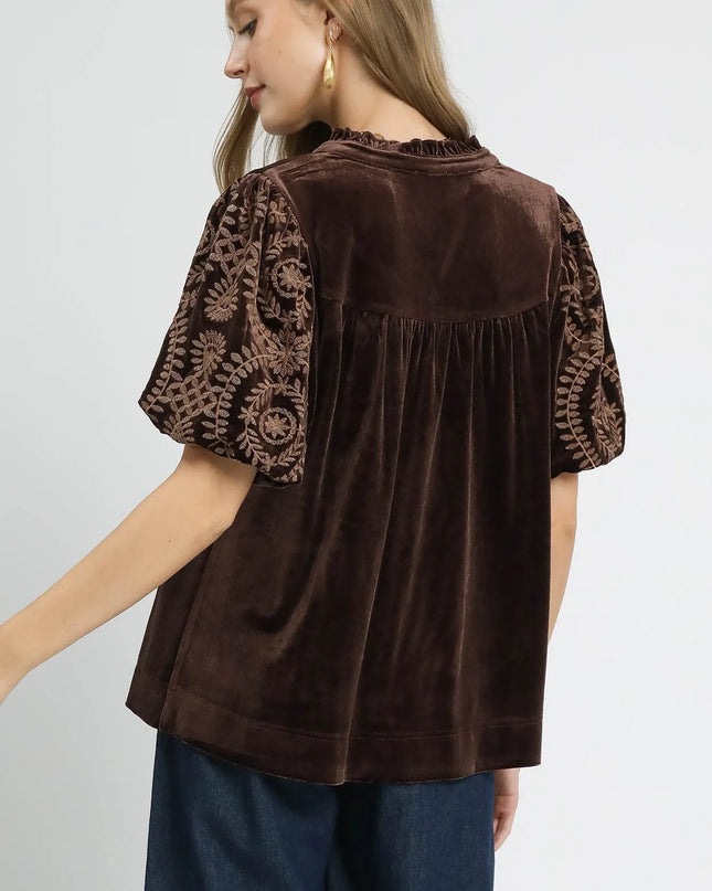 Umgee Full Size Velvet Embroidered Sleeve Blouse Plus Size