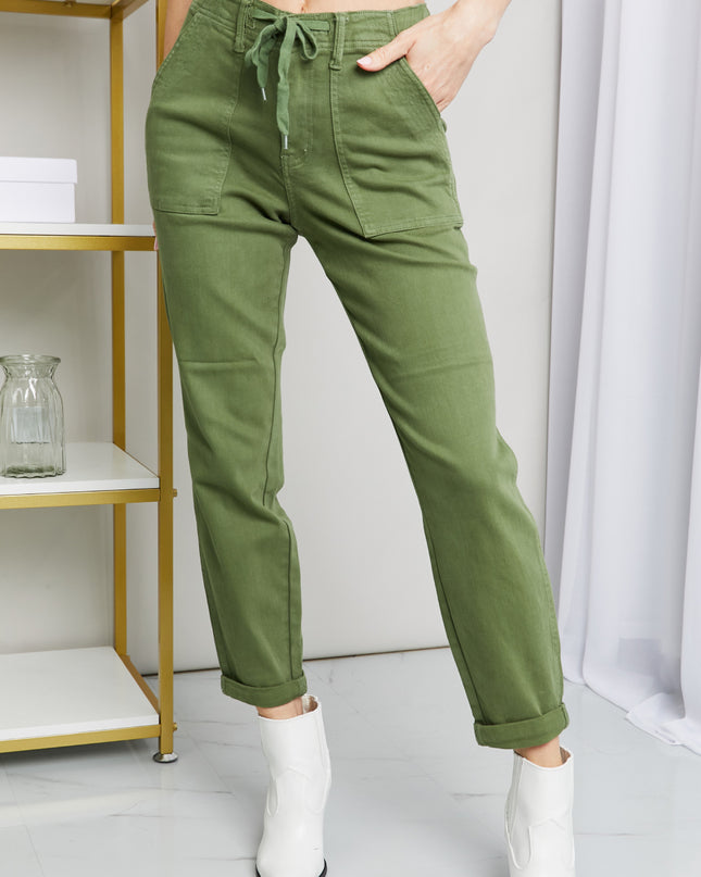 Judy Blue Full Size Drawstring Waist Pocket Jeans Olive