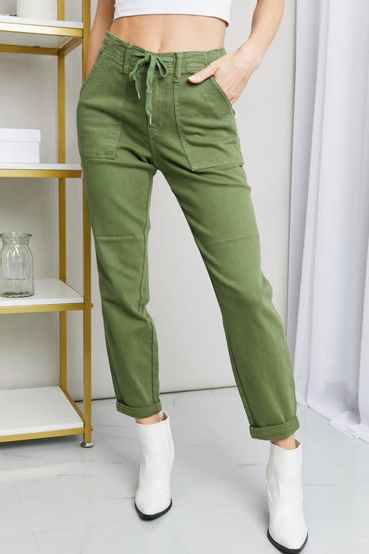 Judy Blue Full Size Drawstring Waist Pocket Jeans Olive