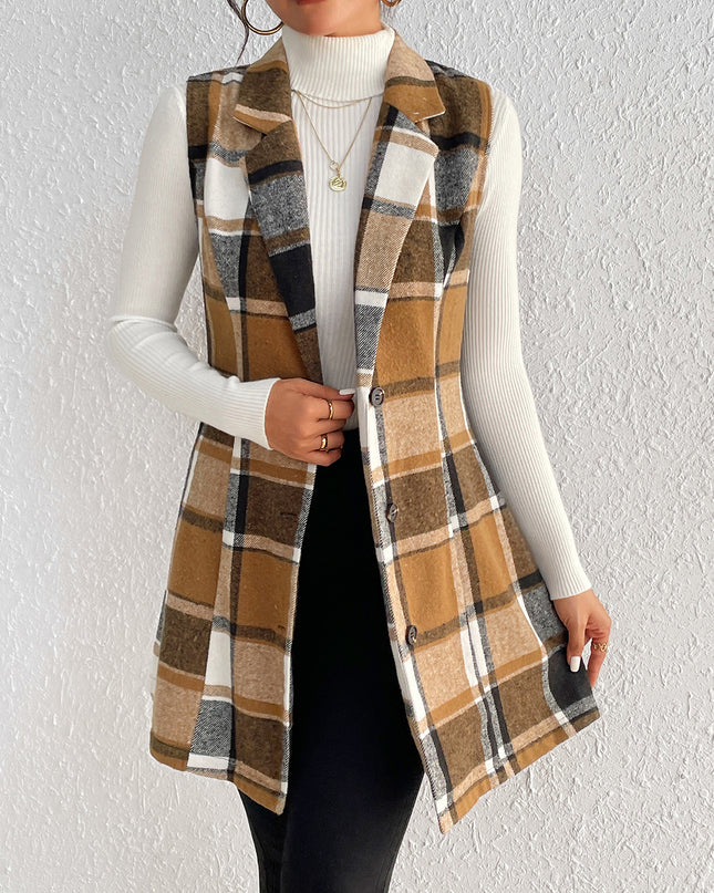 Honey Plaid Lapel Collar Vest Camel