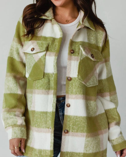 Pocketed Plaid Collared Neck Shacket Sage