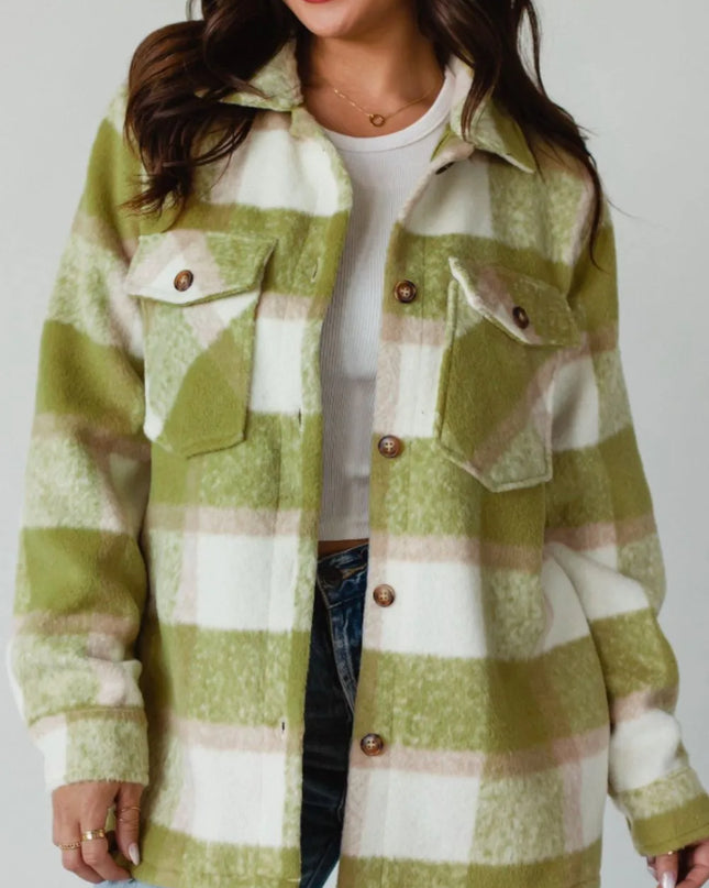 Pocketed Plaid Collared Neck Shacket Sage