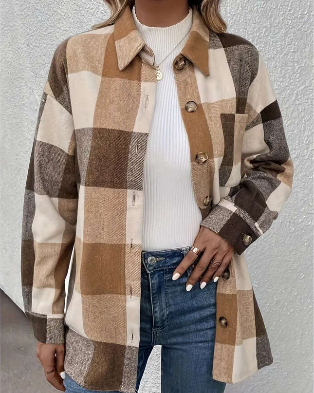 Curved Hem Plaid Collared Neck Shacket