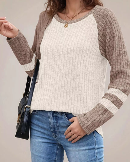 Ribbed Round Neck Raglan Sleeve Top Khaki