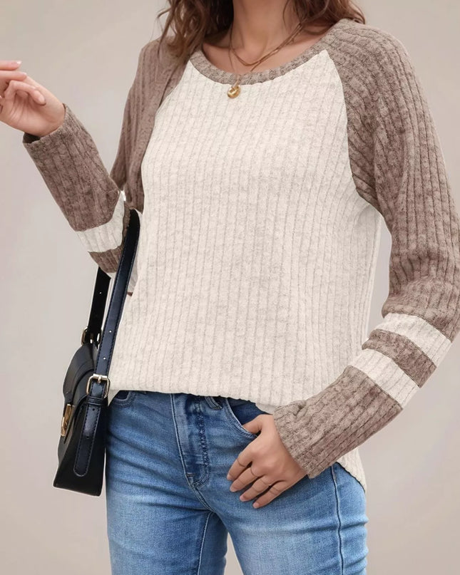 Ribbed Round Neck Raglan Sleeve Top Khaki