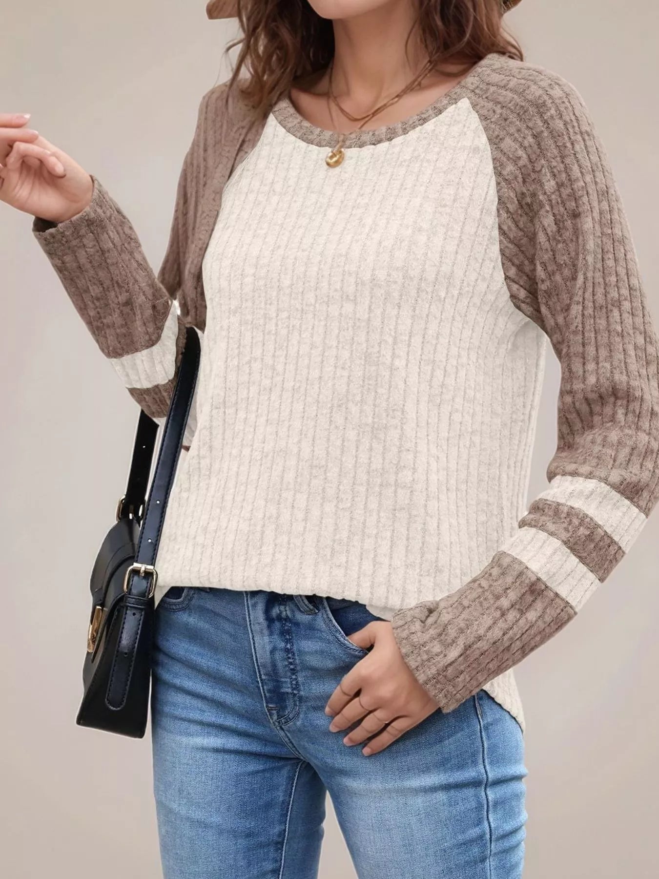 Ribbed Round Neck Raglan Sleeve Top Khaki