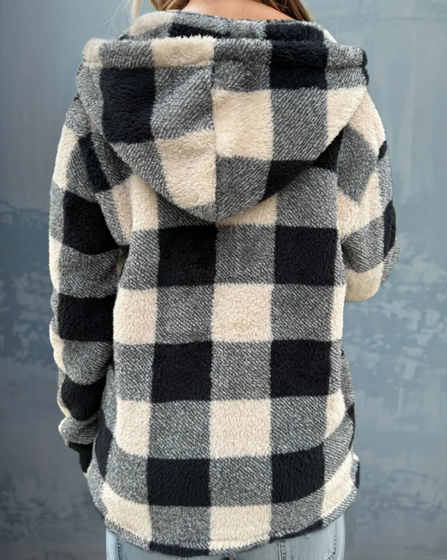 Double Take Full Size Plaid Long Sleeve Hooded Coat