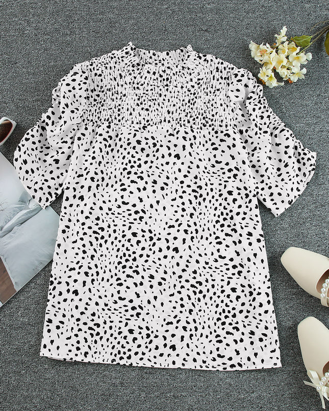 Printed Smocked Mock Neck Blouse