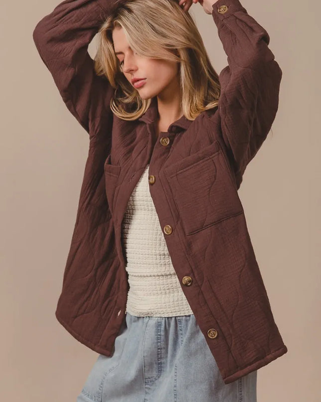 BiBi Quilted Wrinkle Gauze Long Sleeve Shacket MOCHA