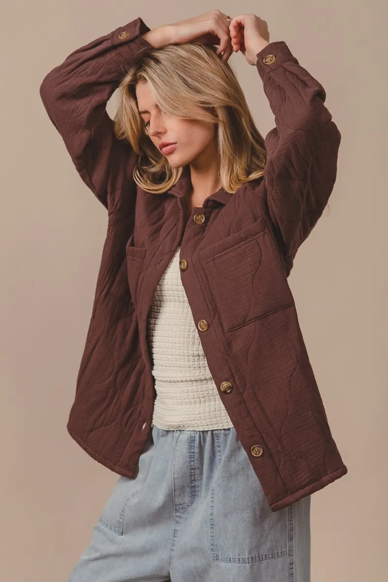 BiBi Quilted Wrinkle Gauze Long Sleeve Shacket MOCHA