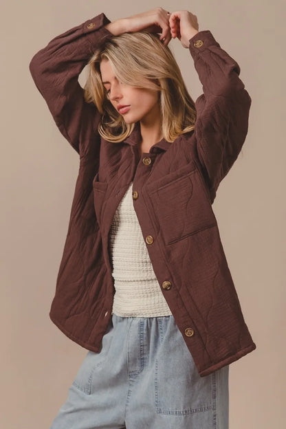 BiBi Quilted Wrinkle Gauze Long Sleeve Shacket MOCHA