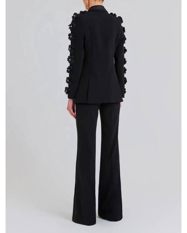 SET6-21 Elegant Floral Ruffle Blazer & Flare Pant Suit