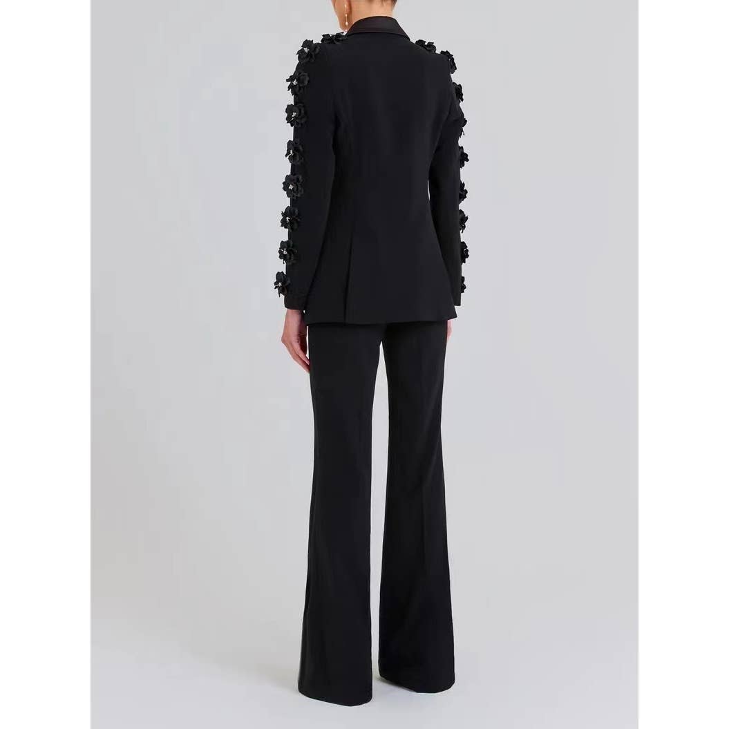 SET6-21 Elegant Floral Ruffle Blazer & Flare Pant Suit