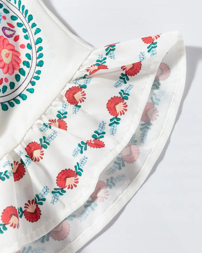 Floral Print Round Neck Ruffle Trim Blouse