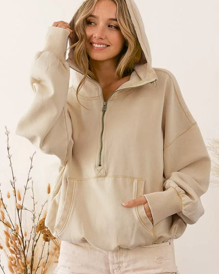 BiBi Stitch Detailed Elastic Hem Half Zip Fleece Hoodie OATMEAL