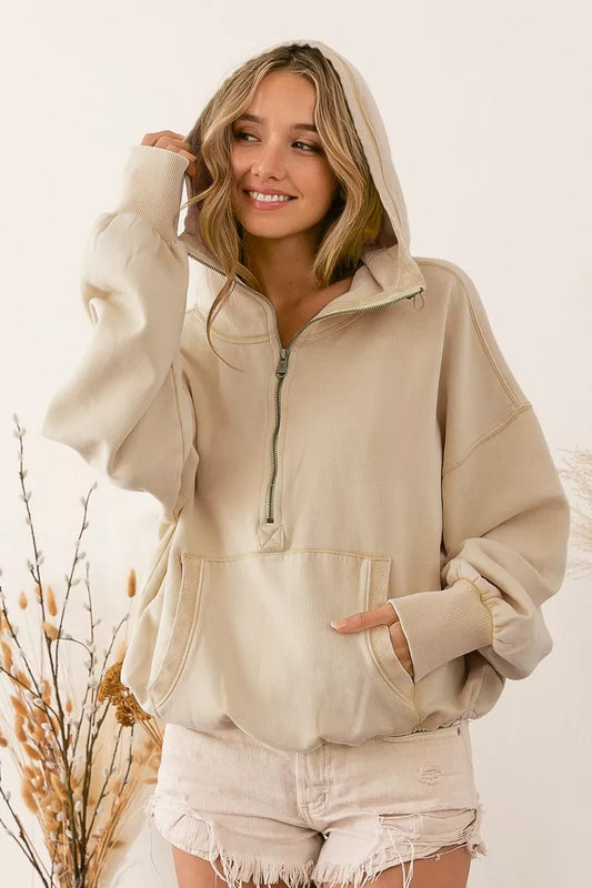 BiBi Stitch Detailed Elastic Hem Half Zip Fleece Hoodie OATMEAL