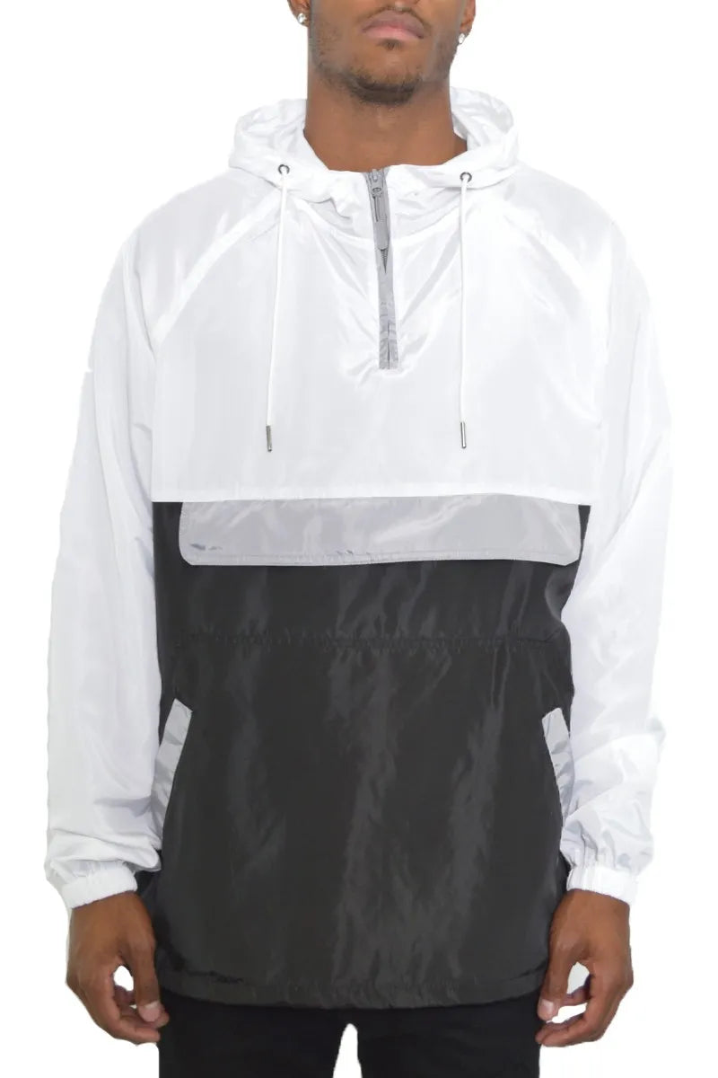 WEIV Men's Full Size Color Block Anorak Jacket Pullover Windbreaker Plus Size White Black