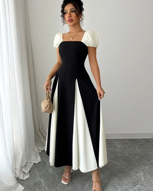 Contrast Puff Sleeve Midi Dress Black