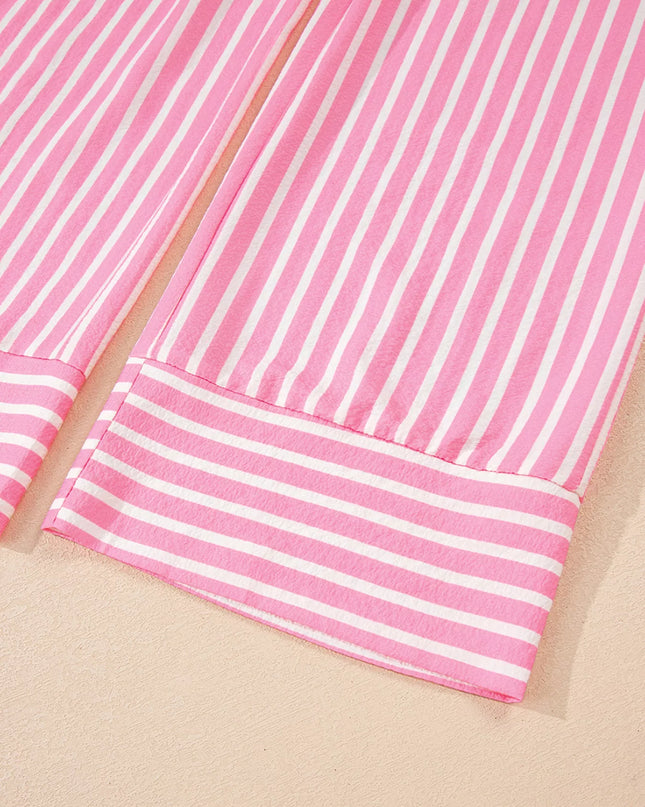 Stripe Buttoned Front Long Sleeve Top and Pants 2 Piece Sleepwear