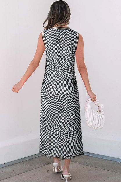 Checkered Round Neck Sleeveless Midi Dress 