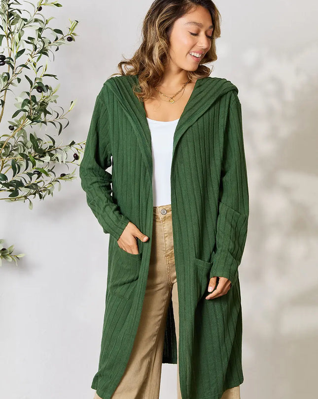 Basic Bae Full Size Hooded Sweater Cardigan Dark Green