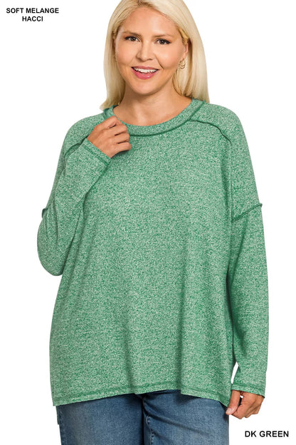 Zenana Full Size Melange Hacci Exposed Seam Hi-low Tee Plus Size