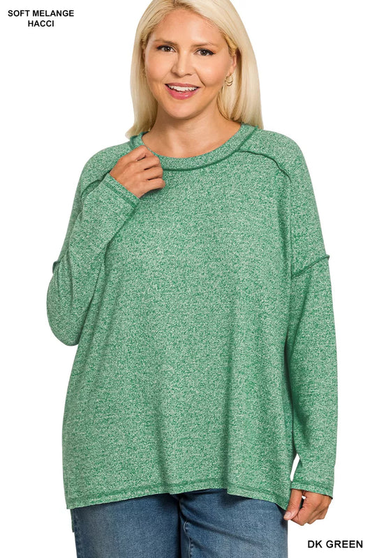 Zenana Full Size Melange Hacci Exposed Seam Hi-low Tee Plus Size