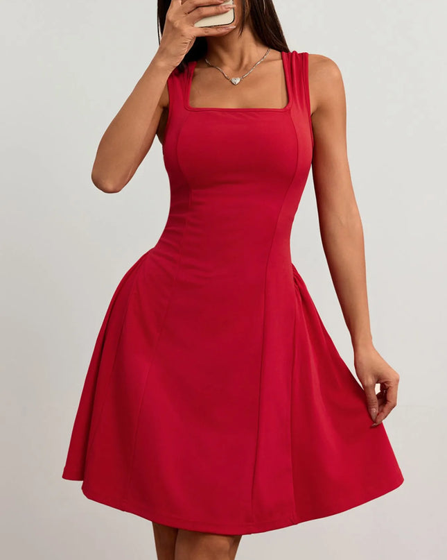 Square Neck Sleeveless Mini Dress Red