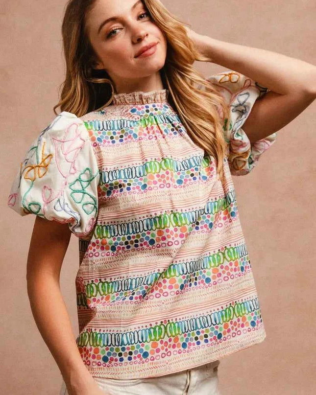 BiBi Ruffle Neckline Blouse With Embroidery Bubble Sleeve