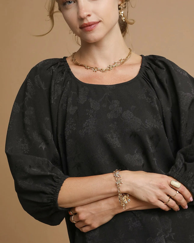 Umgee Satin Jacquard Balloon Sleeve Blouse