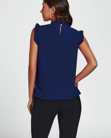 Frill Trim Sleeve Frill Neck Blouse Top in Navy.