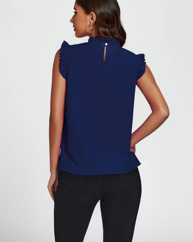 Frill Trim Sleeve Frill Neck Blouse Top in Navy.