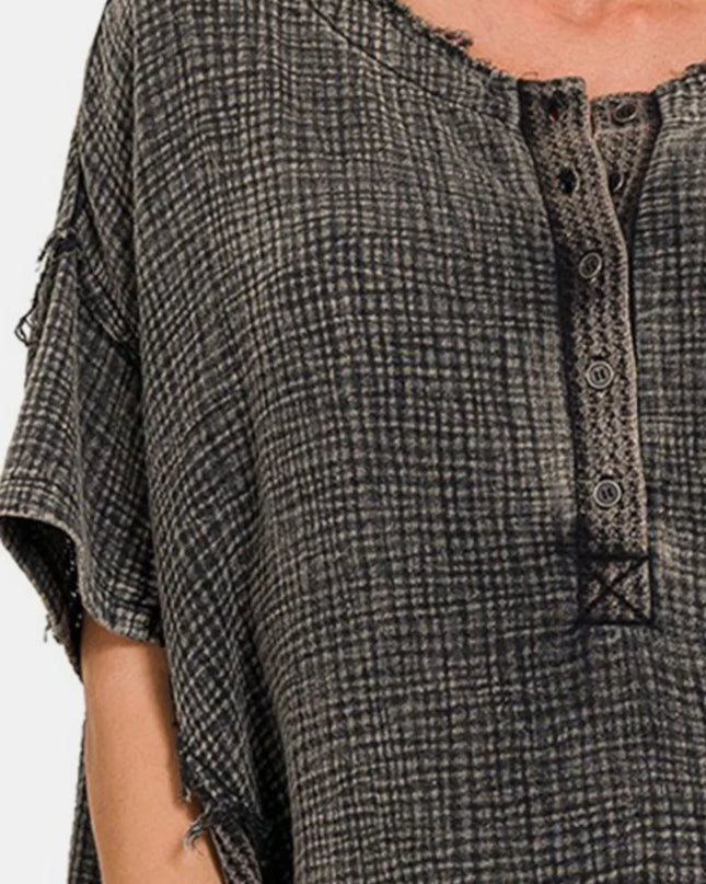 Zenana Washed Texture Half Button T-Shirt