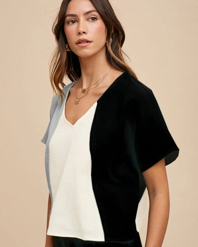 Annie Wear Color Block Cotton Gauze V-Neck Top BLACK COMBO