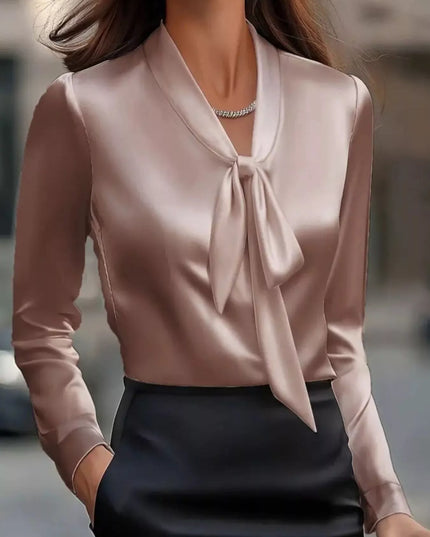 Satin Tie Front Long Sleeve Blouse