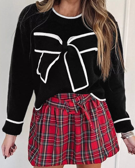 Contrast Trim Bow Accent Holiday Cropped Sweater Black