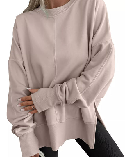 Side Slit Round Neck Long Sleeve Sweatshirt Khaki