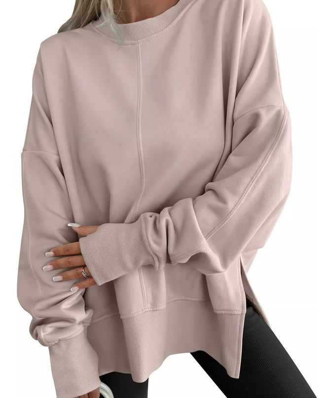 Side Slit Round Neck Long Sleeve Sweatshirt Khaki