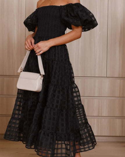 Off Shoulder Short Puff Sleeve Midi Dress