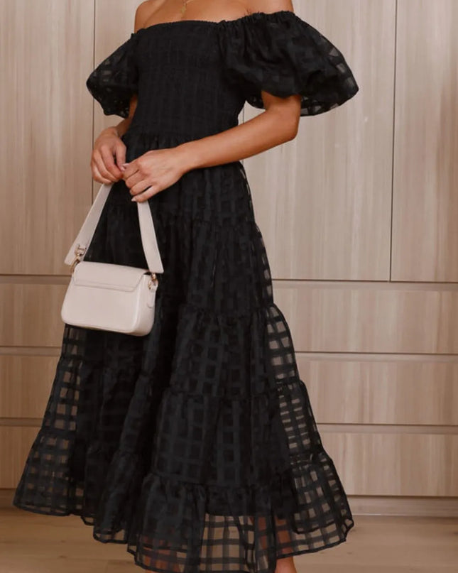 Off Shoulder Short Puff Sleeve Midi Dress