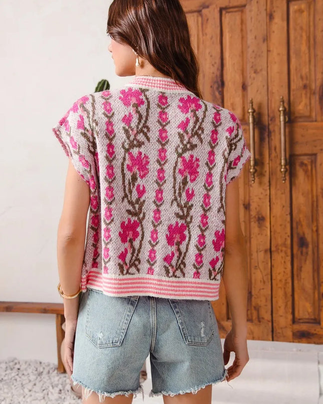 SO ME Button Front Floral and Stripe Knitted Sweater Vest