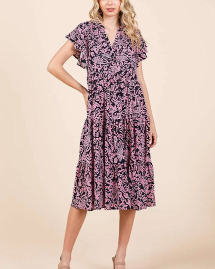 Mittoshop Abstract Print Ruffle Tier Midi Dress DEEP NAVY
