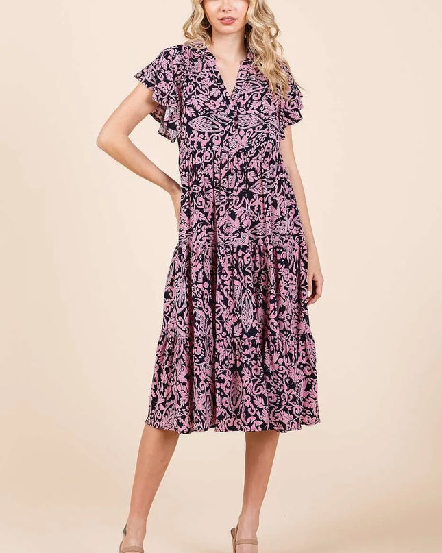 Mittoshop Abstract Print Ruffle Tier Midi Dress DEEP NAVY