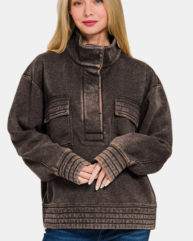 Zenana Acid Washed Half Snap Fleece Sweatshirt