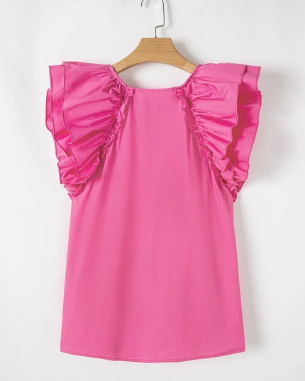 Shirred Tie Neck Ruffled Cap Sleeve Blouse