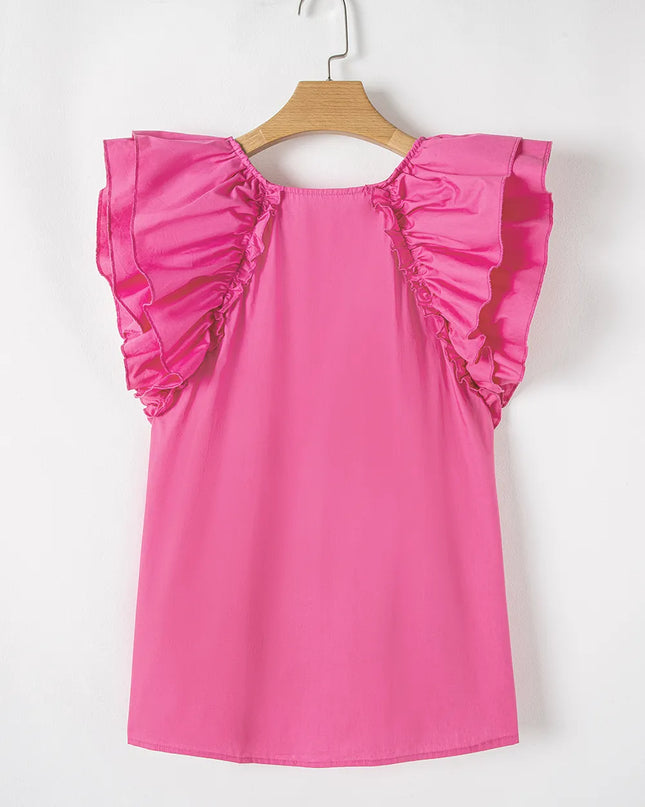 Shirred Tie Neck Ruffled Cap Sleeve Blouse