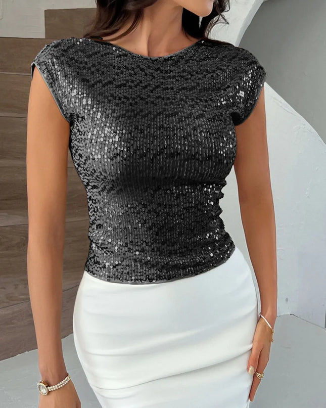 Devine Sequin Round Neck Backless T-Shirt